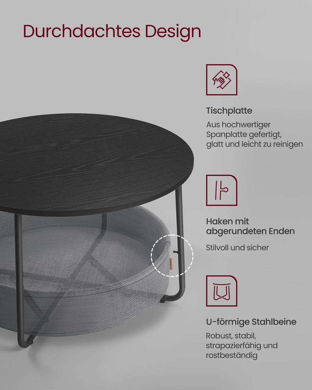 Couchtisch mit Korb aus Stoff tintenschwarz-schiefergrau