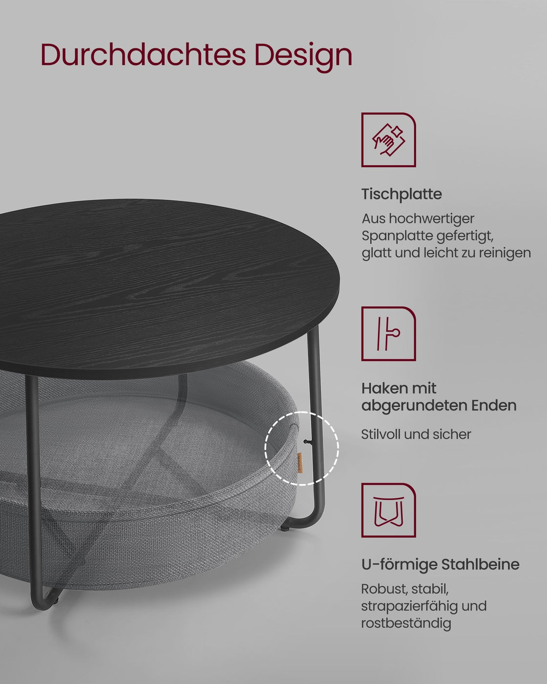 Couchtisch mit Korb aus Stoff tintenschwarz-schiefergrau