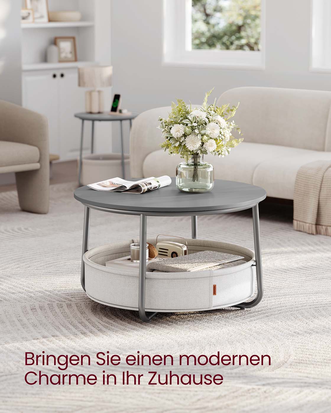 Couchtisch rund mit Korb aus Stoff zementgrau-cremeweiß
