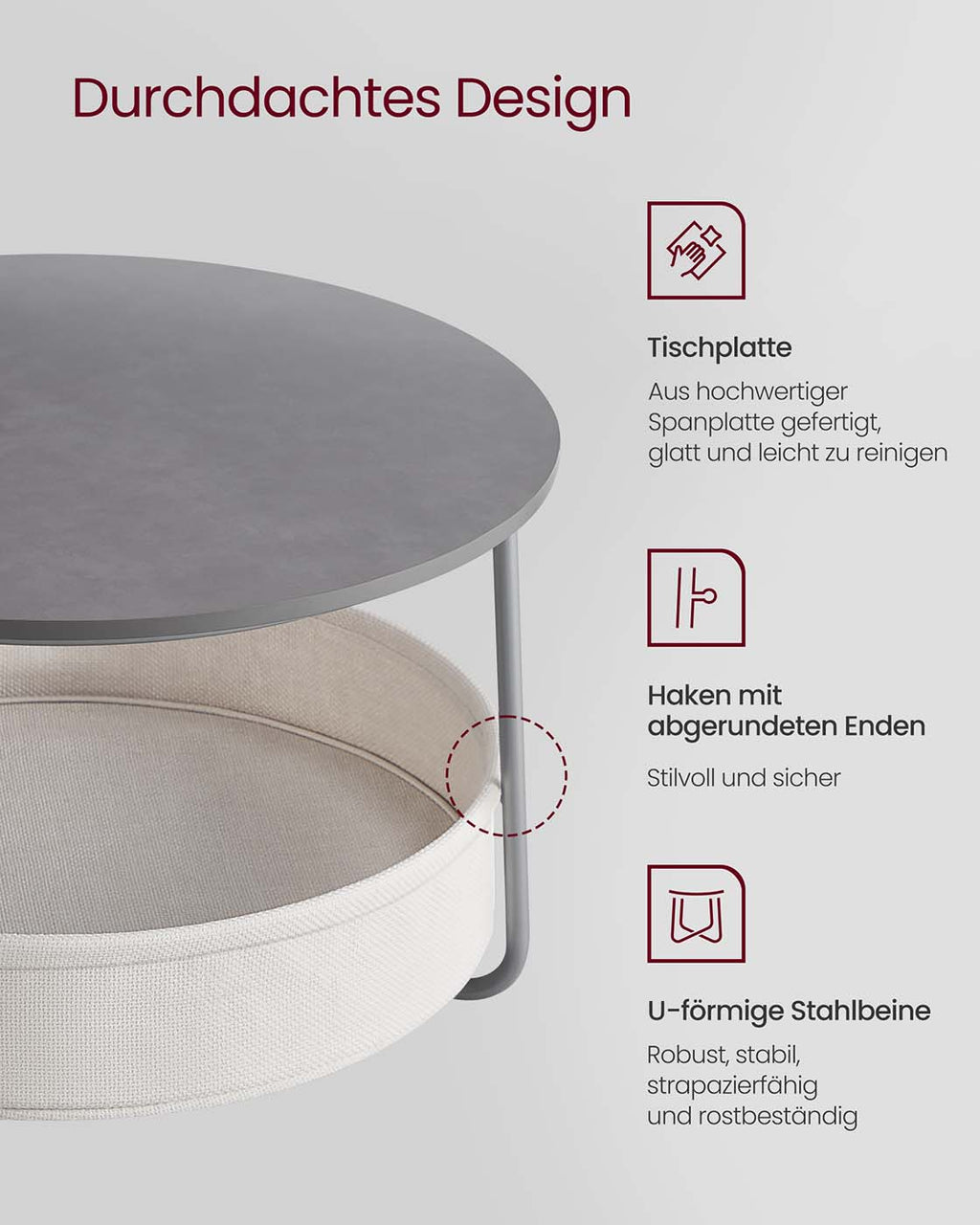 Couchtisch rund mit Korb aus Stoff zementgrau-cremeweiß
