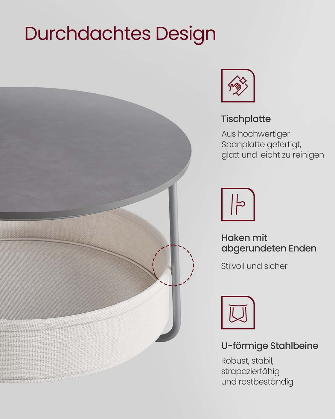 Couchtisch rund mit Korb aus Stoff zementgrau-cremeweiß