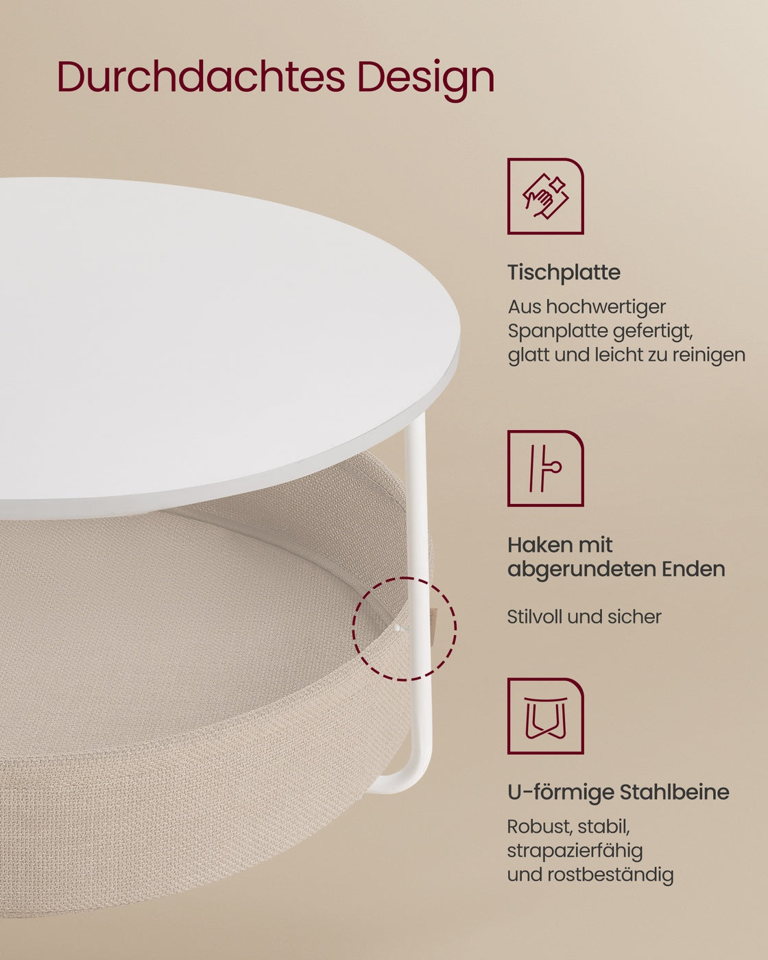 Couchtisch mit Korb aus Stoff mattweiß-kamelbraun