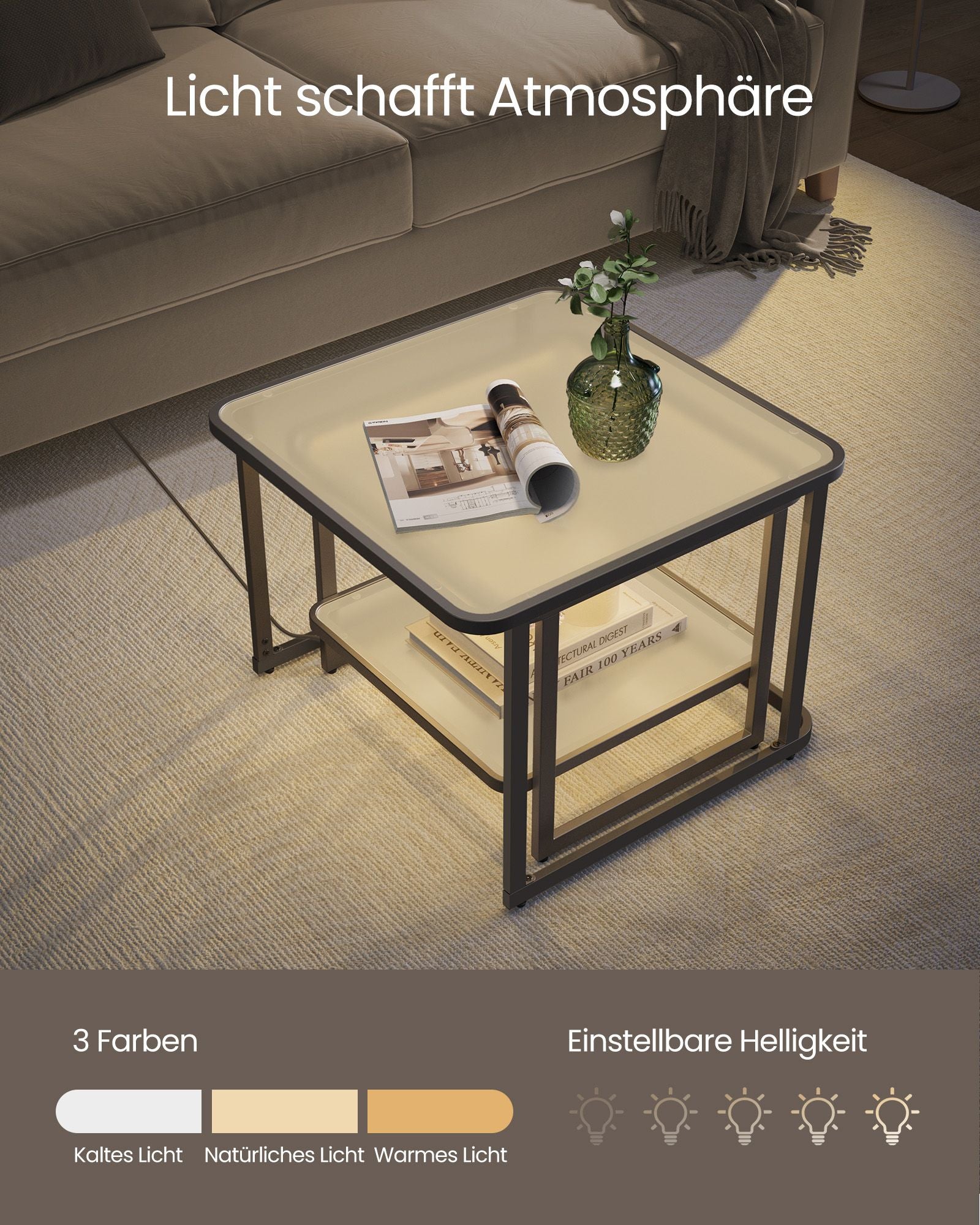 Couchtisch 2er-Set mit LED-Licht wolkenweiß-tintenschwarz