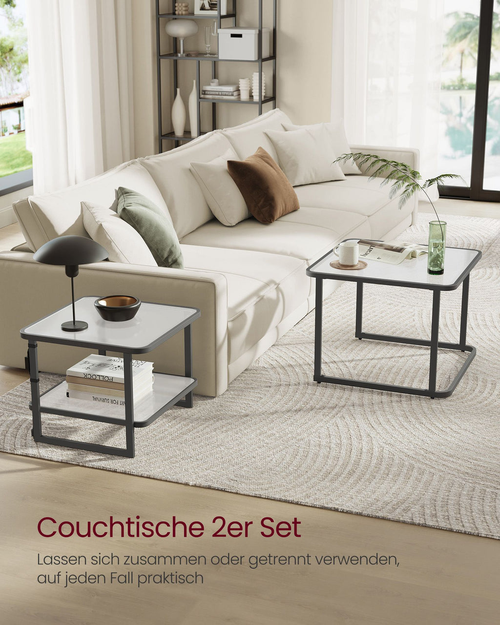 Couchtisch 2er-Set mit LED-Licht wolkenweiß-tintenschwarz
