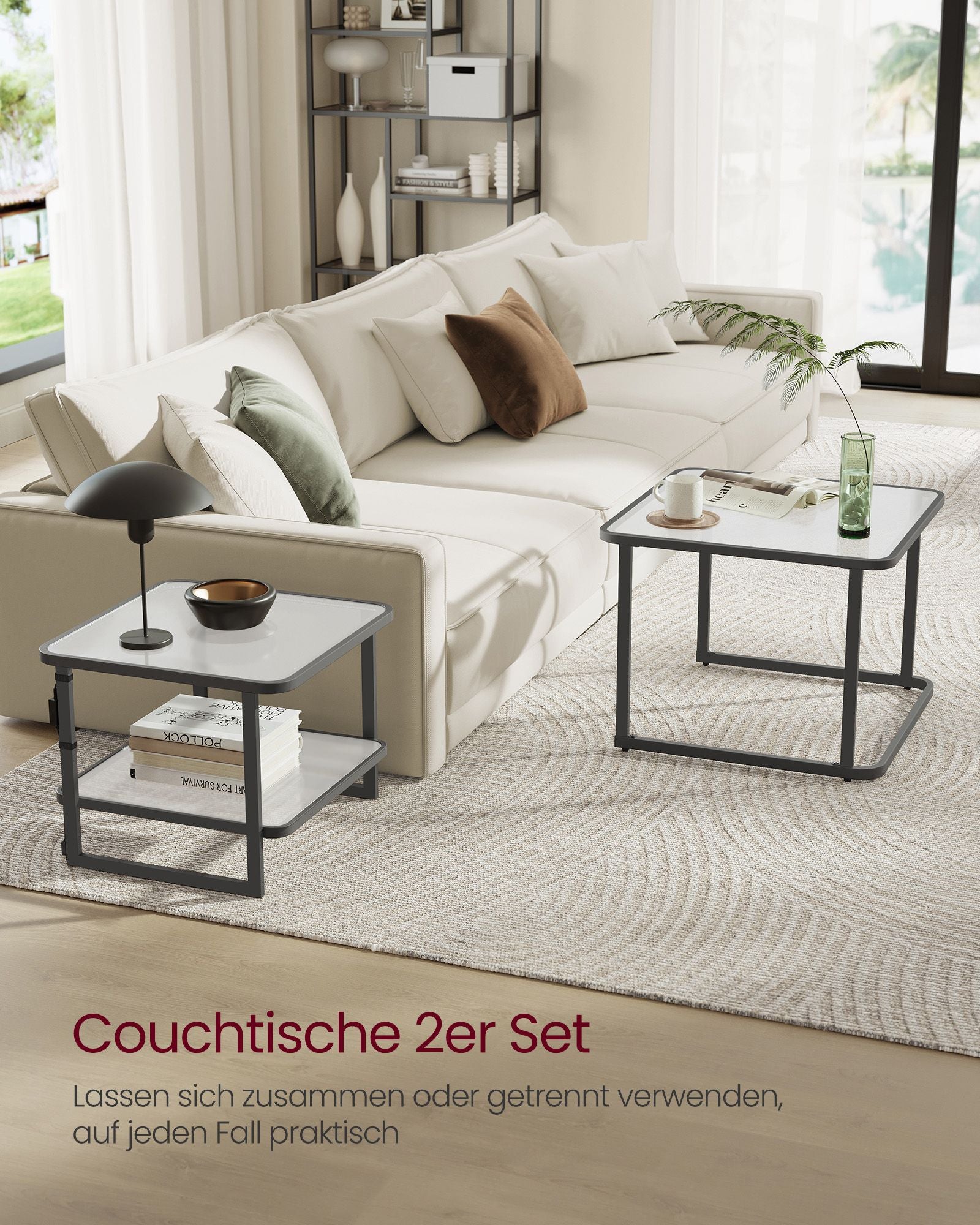 Couchtisch 2er-Set mit LED-Licht wolkenweiß-tintenschwarz