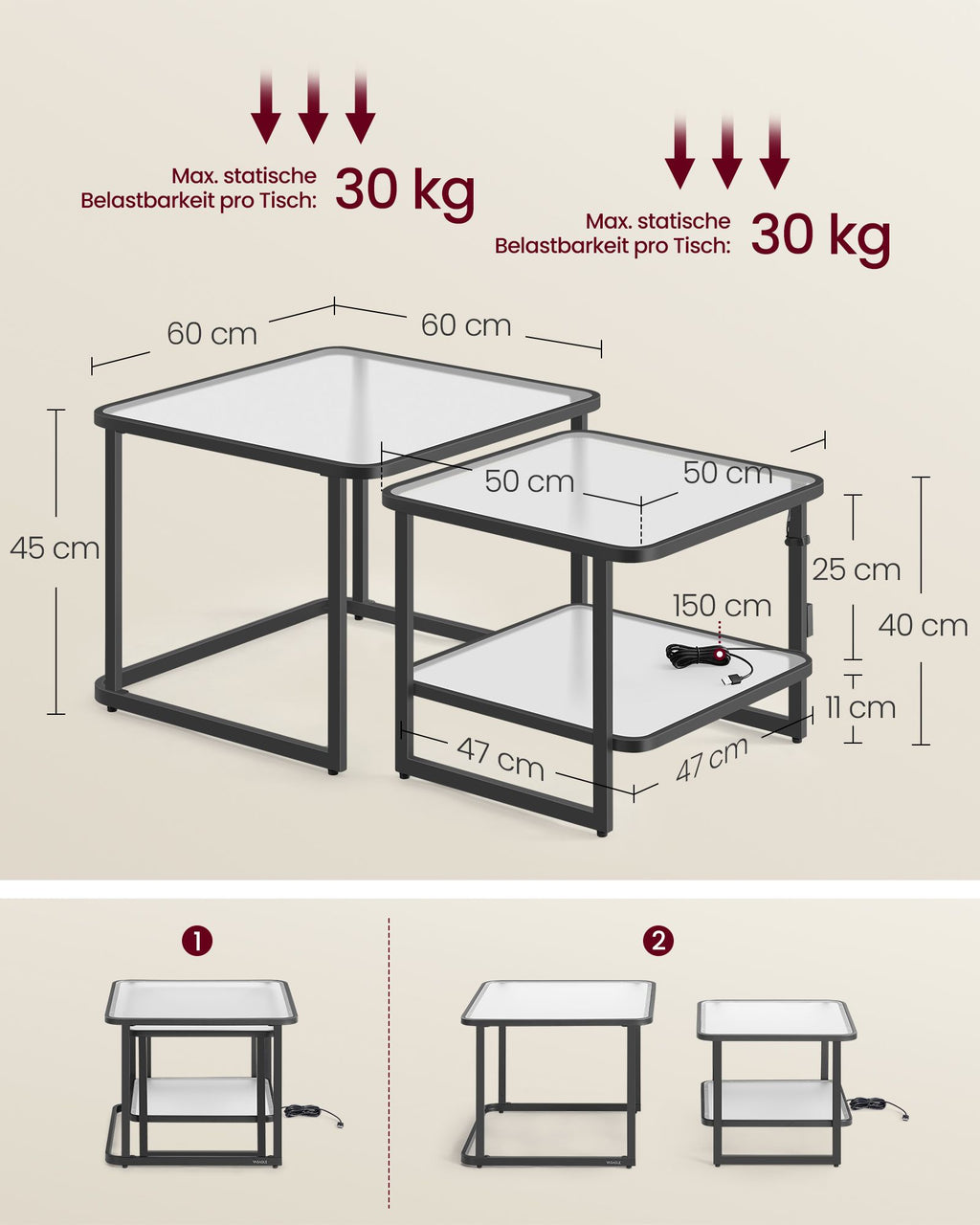 Couchtisch 2er-Set mit LED-Licht wolkenweiß-tintenschwarz