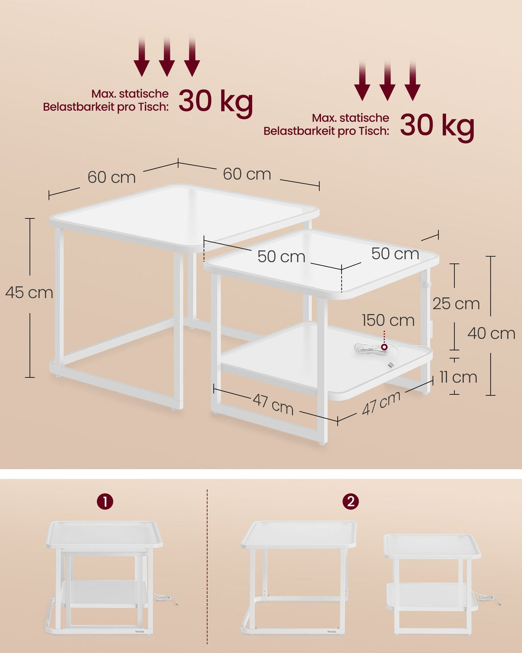 Couchtisch 2er-Set mit LED-Licht wolkenweiß-perlweiß