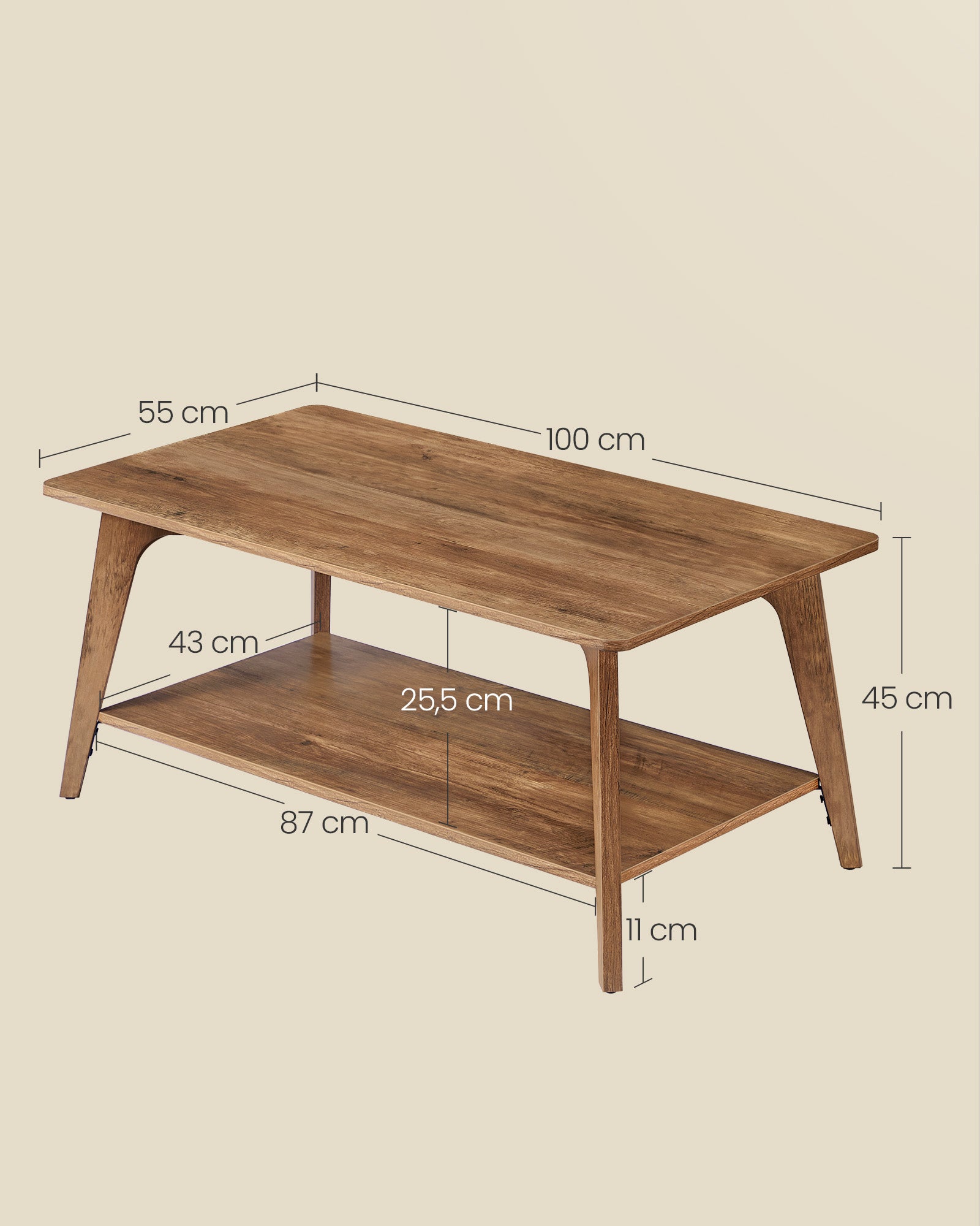 Couchtisch rund mit 2 Ebenen 100 x 55 x 45 cm erdbraun
