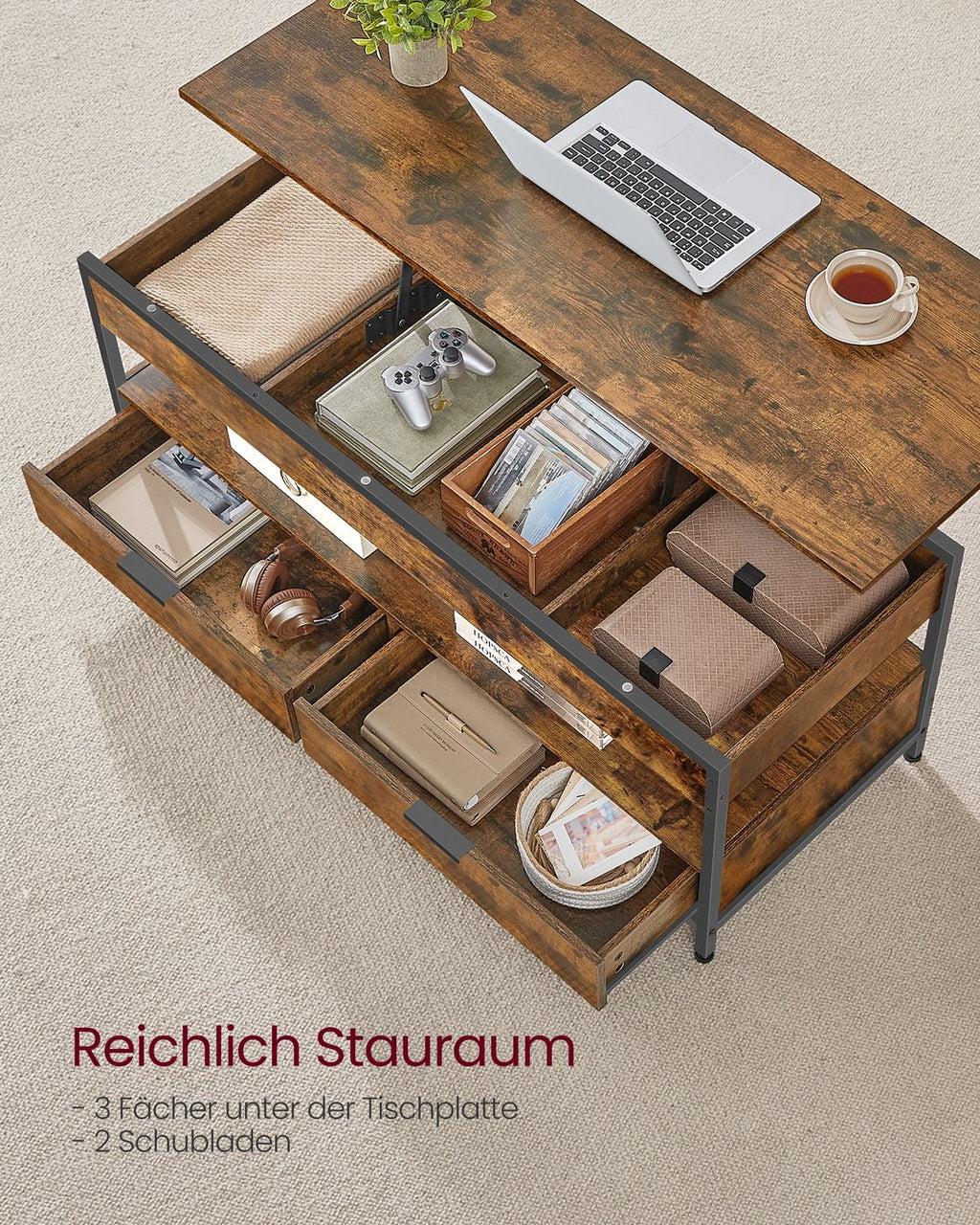 Höhenverstellbarer Couchtisch mit Schubladen vintagebraun-tintenschwarz