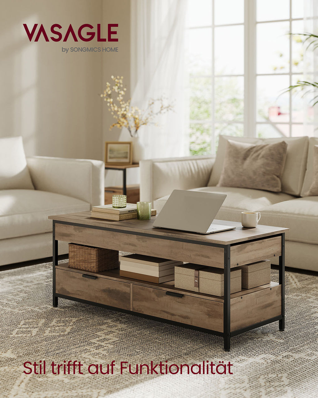 Couchtisch mit Schubladen 50 x 120 cm Kamelbraun-tintenschwarz