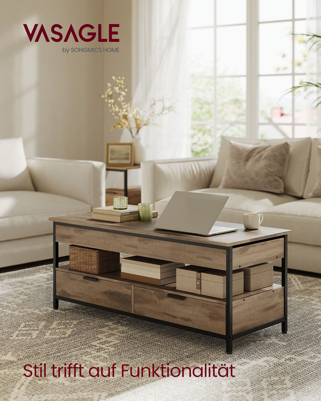 Couchtisch mit Schubladen 50 x 120 cm Kamelbraun-tintenschwarz