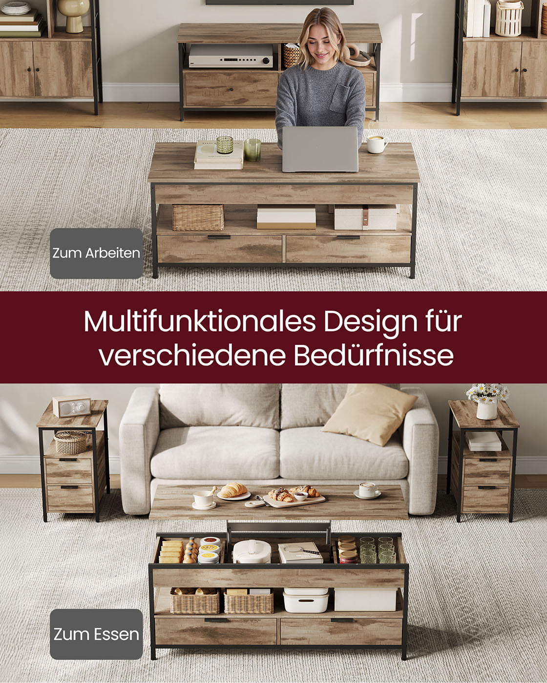 Couchtisch mit Schubladen 50 x 120 cm Kamelbraun-tintenschwarz
