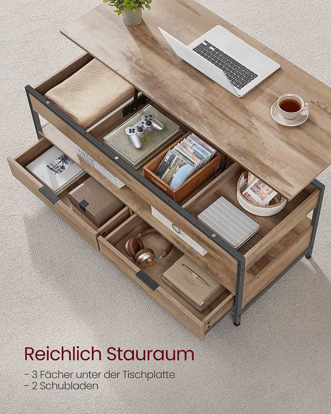 Couchtisch mit Schubladen 50 x 120 cm Kamelbraun-tintenschwarz