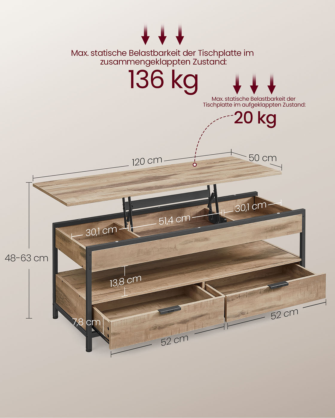 Couchtisch mit Schubladen 50 x 120 cm Kamelbraun-tintenschwarz