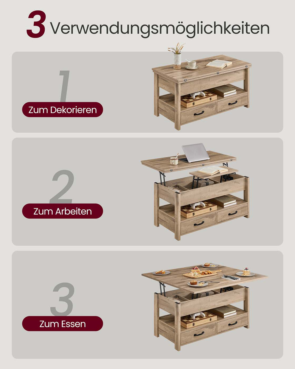 Höhenverstellbarer Couchtisch mit Schubladen und Fächern