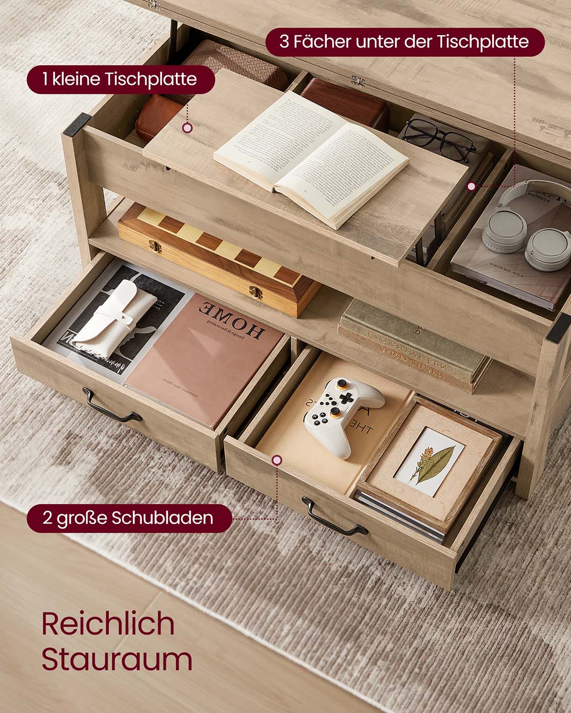 Höhenverstellbarer Couchtisch mit Schubladen und Fächern
