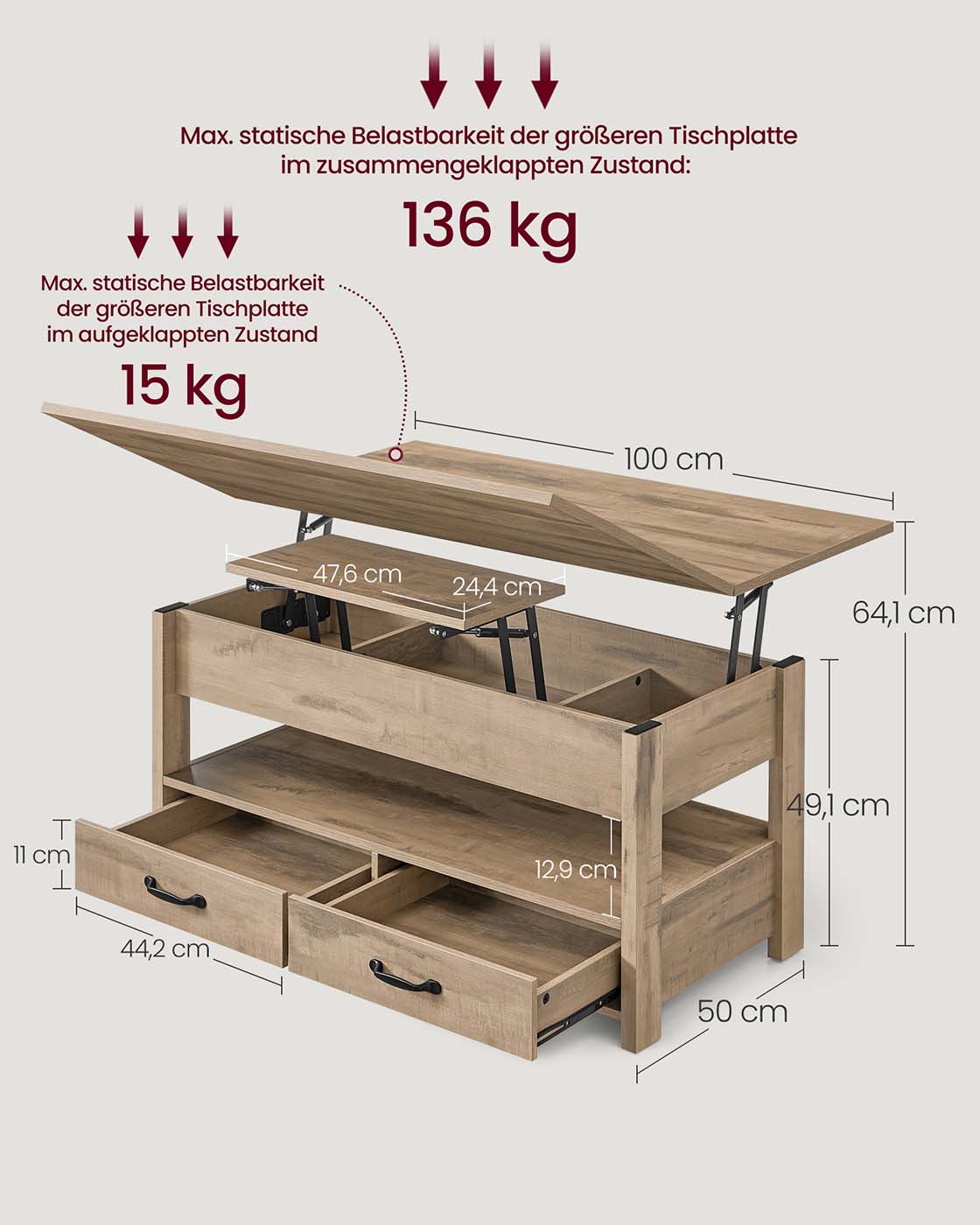 Höhenverstellbarer Couchtisch mit Schubladen und Fächern