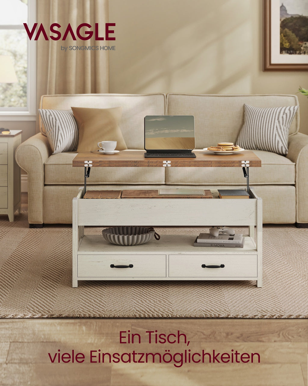 VASAGLE Couchtisch, höhenverstellbarer Wohnzimmertisch, Gaszylinder, 2 Schubladen, 3 Fächer unter der Tischplatte, Kaffeetisch, 1 offenes Fach, Wohnzimmer, Homeoffice, honigbraun-vintageweiß LCT254W01