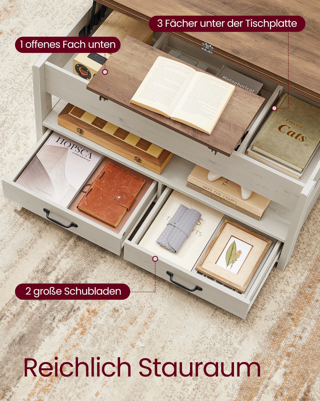 VASAGLE Couchtisch, höhenverstellbarer Wohnzimmertisch, Gaszylinder, 2 Schubladen, 3 Fächer unter der Tischplatte, Kaffeetisch, 1 offenes Fach, Wohnzimmer, Homeoffice, honigbraun-vintageweiß LCT254W01