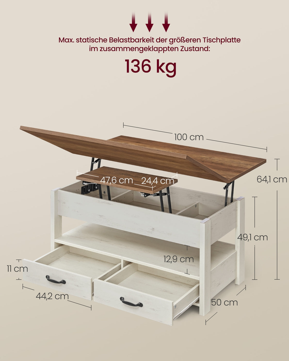 VASAGLE Couchtisch, höhenverstellbarer Wohnzimmertisch, Gaszylinder, 2 Schubladen, 3 Fächer unter der Tischplatte, Kaffeetisch, 1 offenes Fach, Wohnzimmer, Homeoffice, honigbraun-vintageweiß LCT254W01