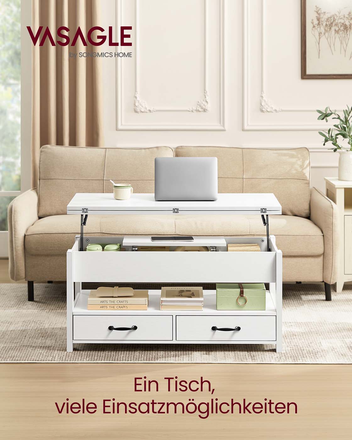 Höhenverstellbarer Couchtisch mit Schubladen und Fächern