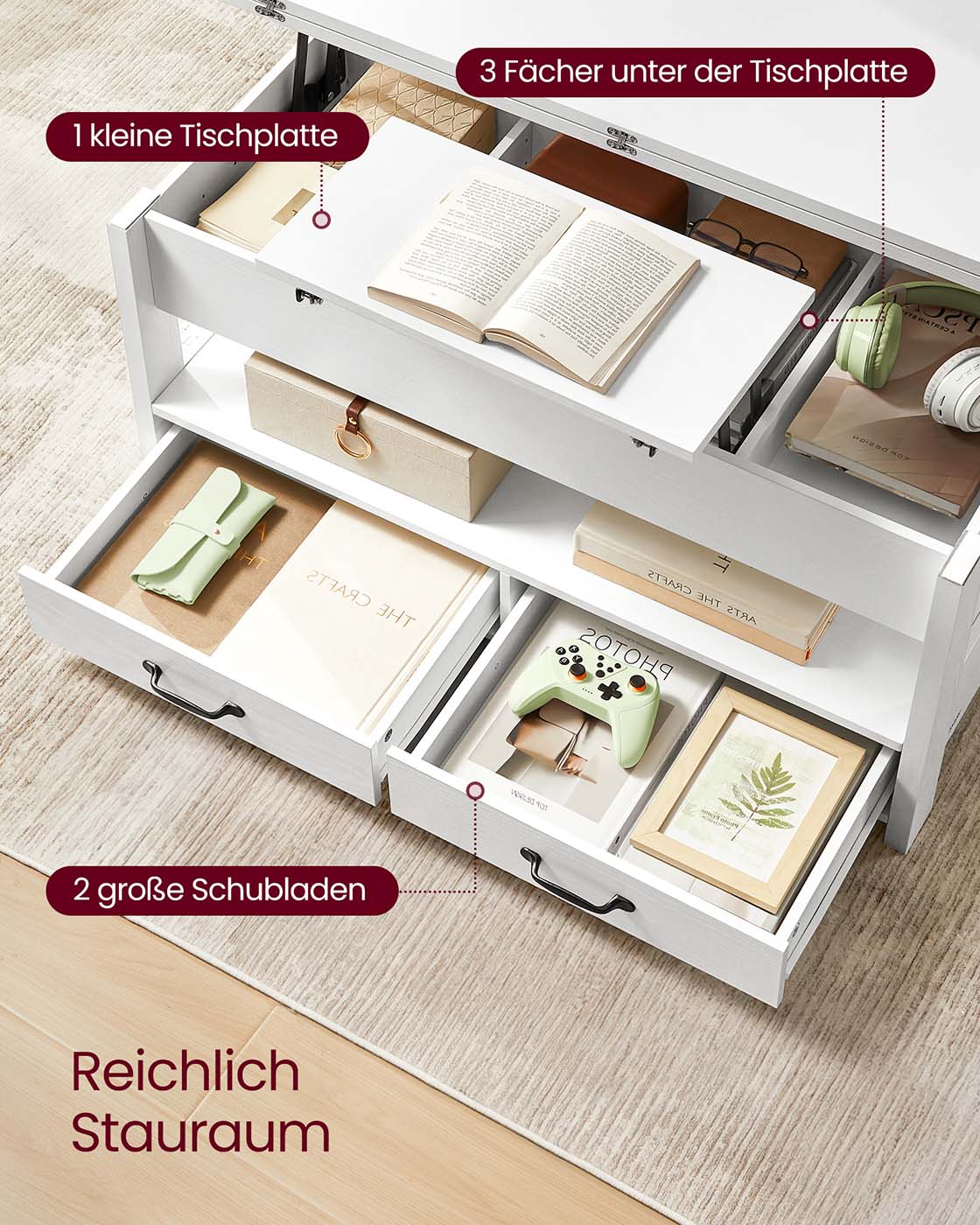 Höhenverstellbarer Couchtisch mit Schubladen und Fächern