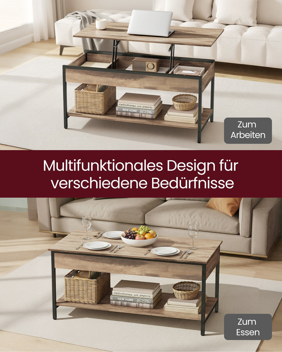 Couchtisch höhenverstellbar 50 × 100 cm mit Fach kamelbraun-tintenschwarz