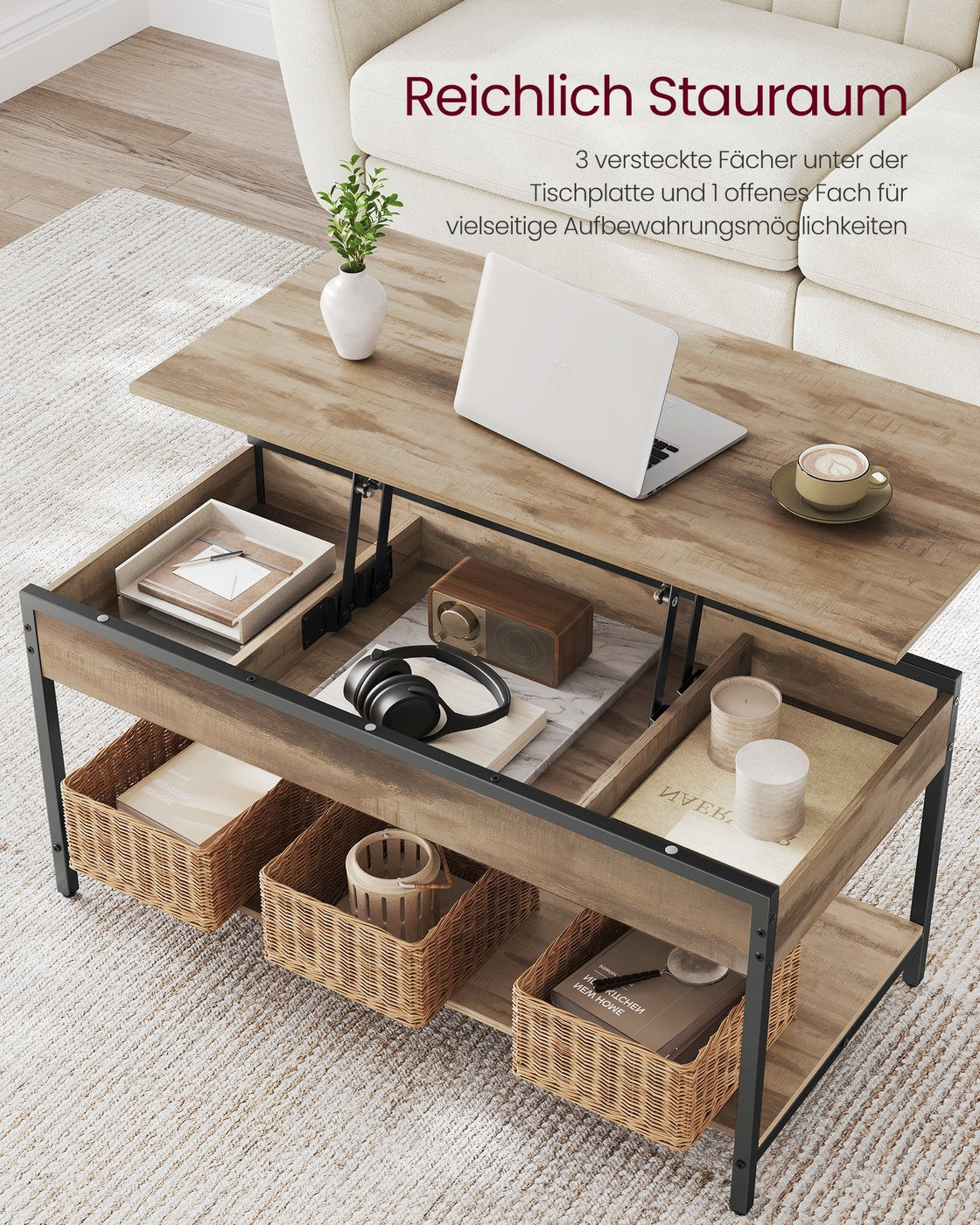 Couchtisch höhenverstellbar 50 × 100 cm mit Fach kamelbraun-tintenschwarz