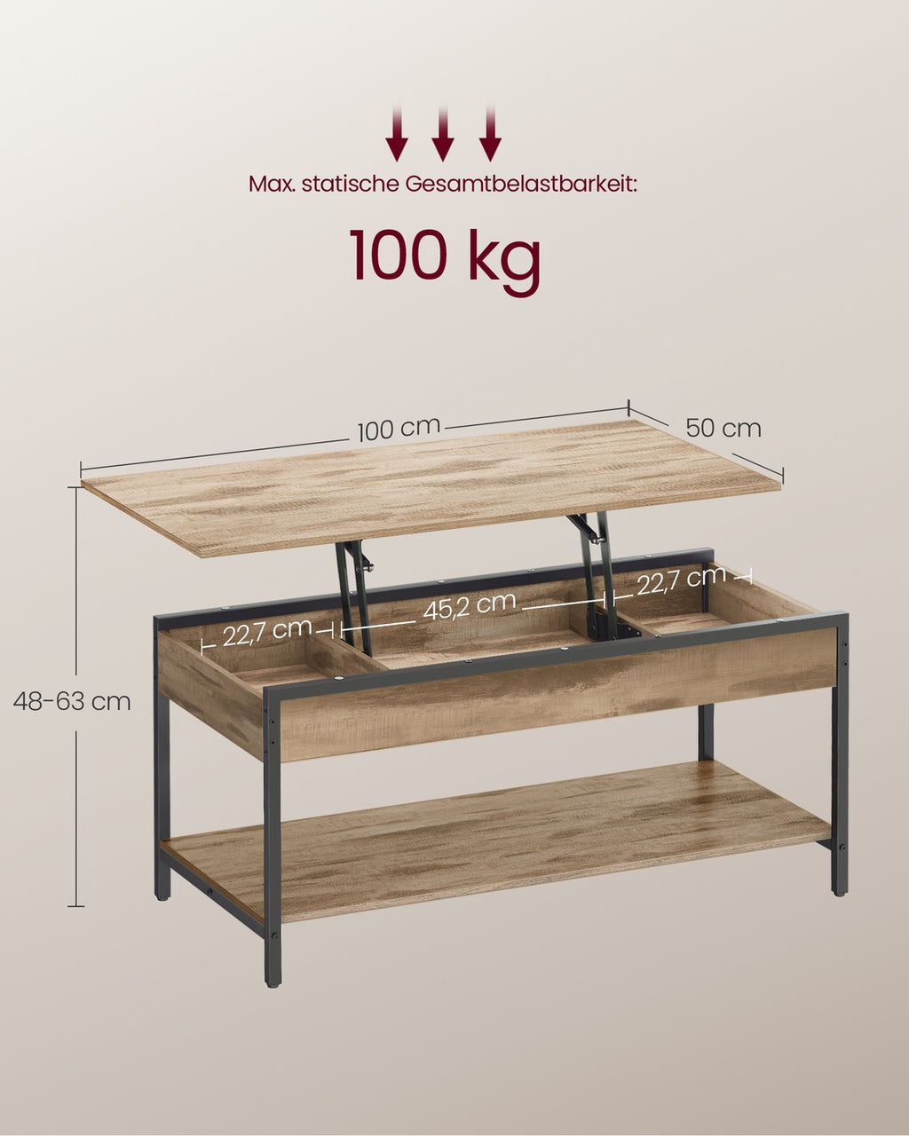Couchtisch höhenverstellbar 50 × 100 cm mit Fach kamelbraun-tintenschwarz