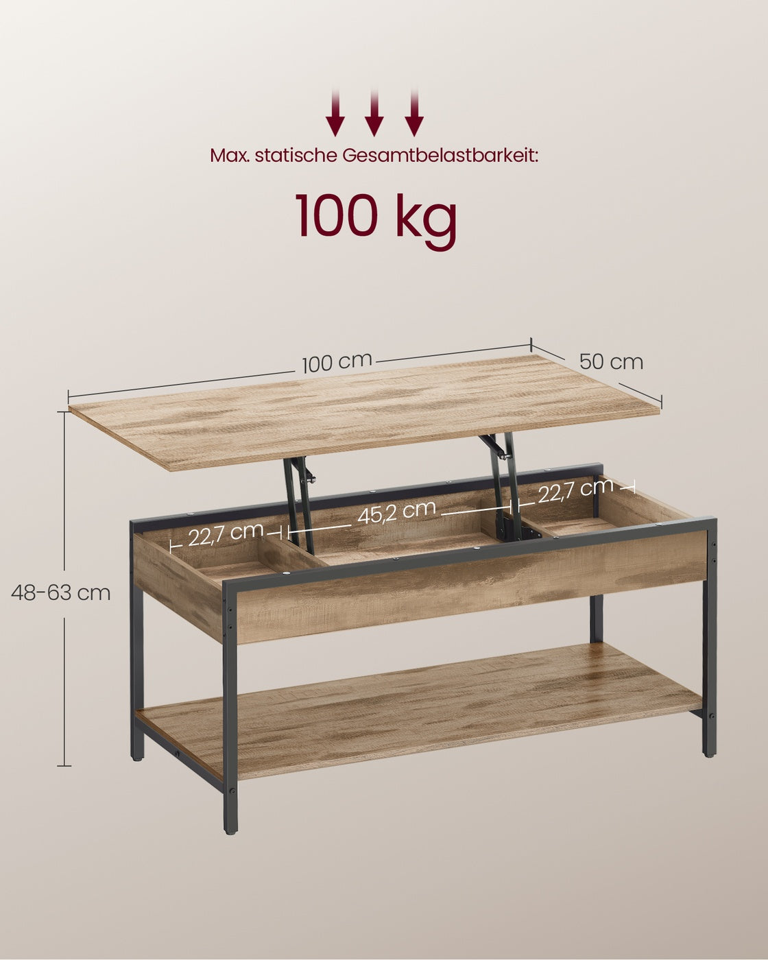 Couchtisch höhenverstellbar 50 × 100 cm mit Fach kamelbraun-tintenschwarz
