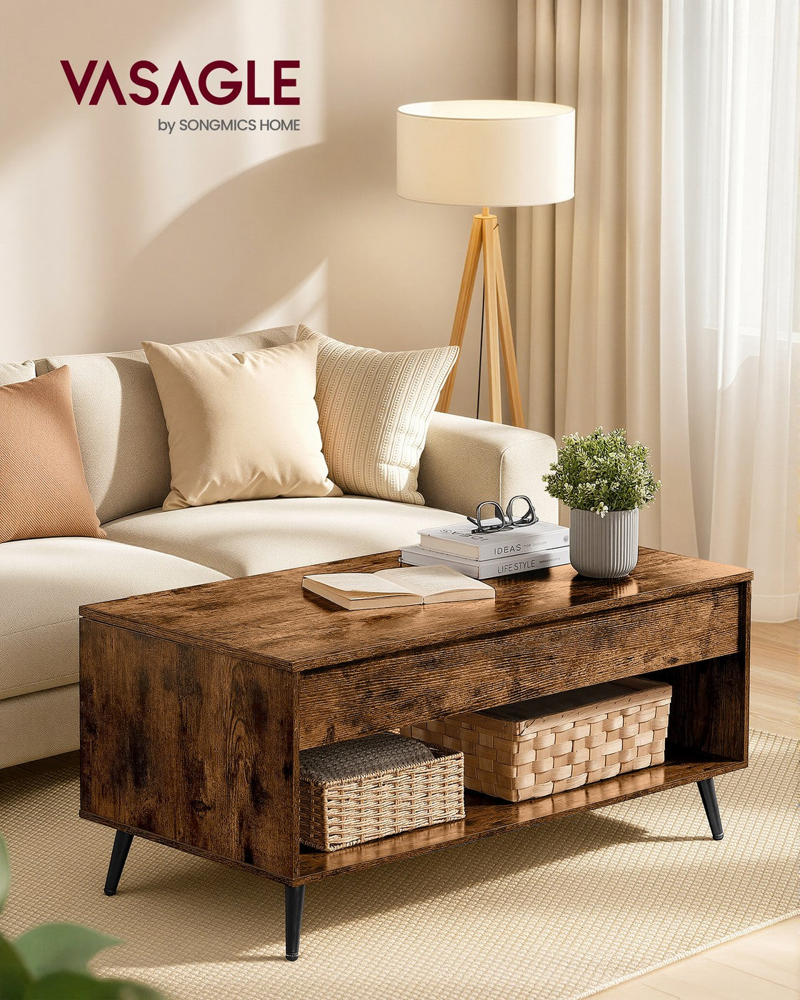 Couchtisch mit verstellbarer Platte und verstecktem Fach vintagebraun-Mattschwarz