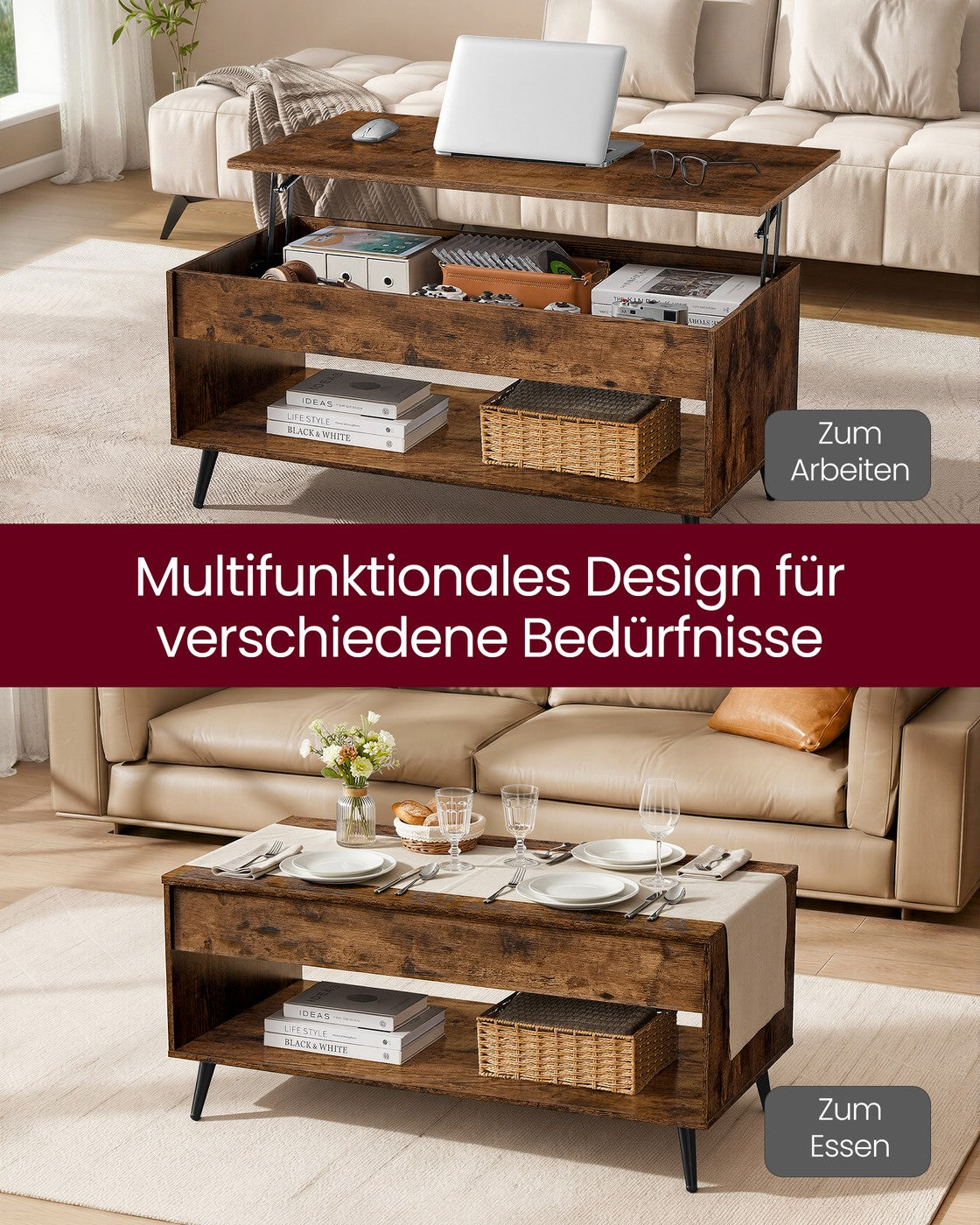 Couchtisch mit verstellbarer Platte und verstecktem Fach vintagebraun-Mattschwarz