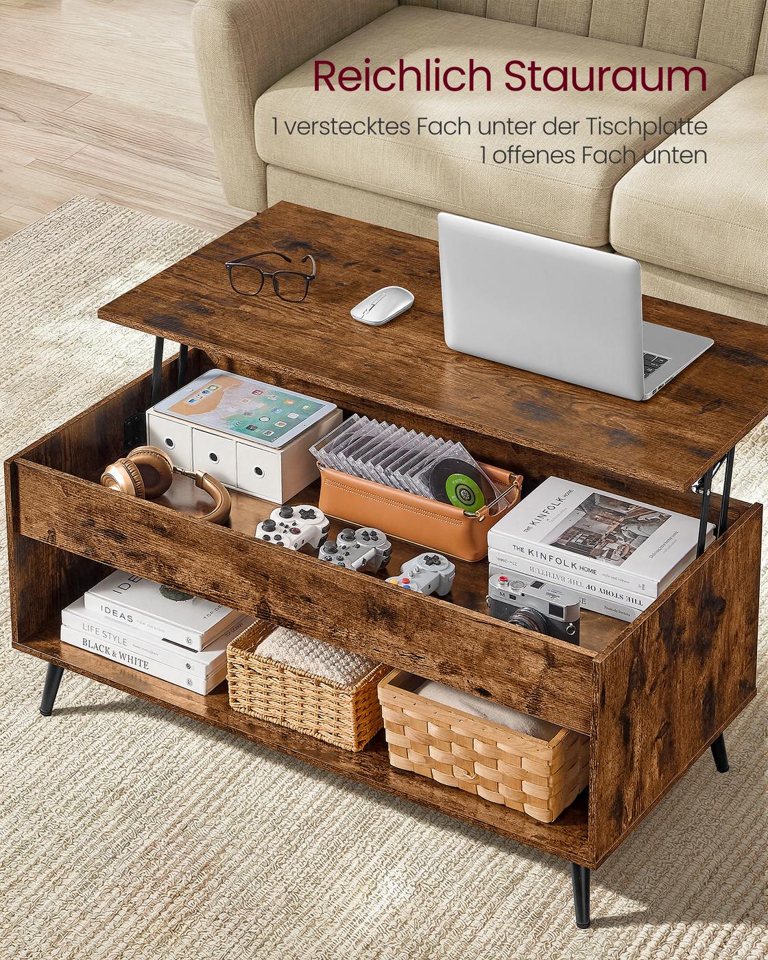 Couchtisch mit verstellbarer Platte und verstecktem Fach vintagebraun-Mattschwarz