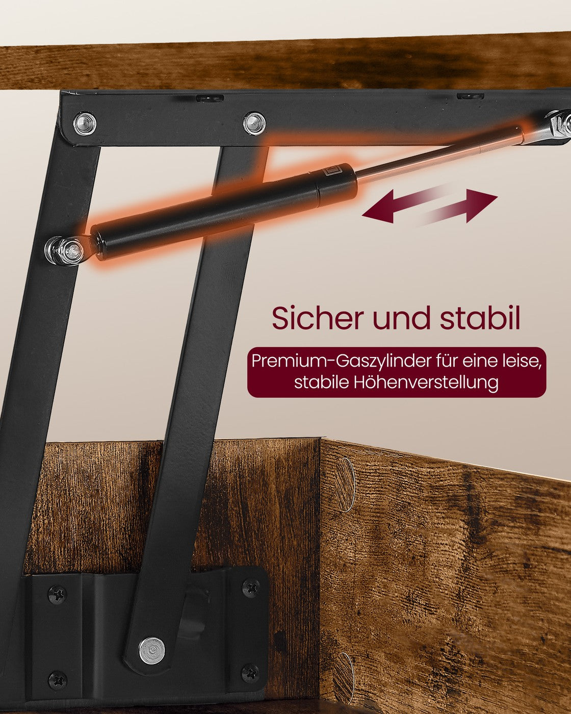 Couchtisch mit verstellbarer Platte und verstecktem Fach vintagebraun-Mattschwarz
