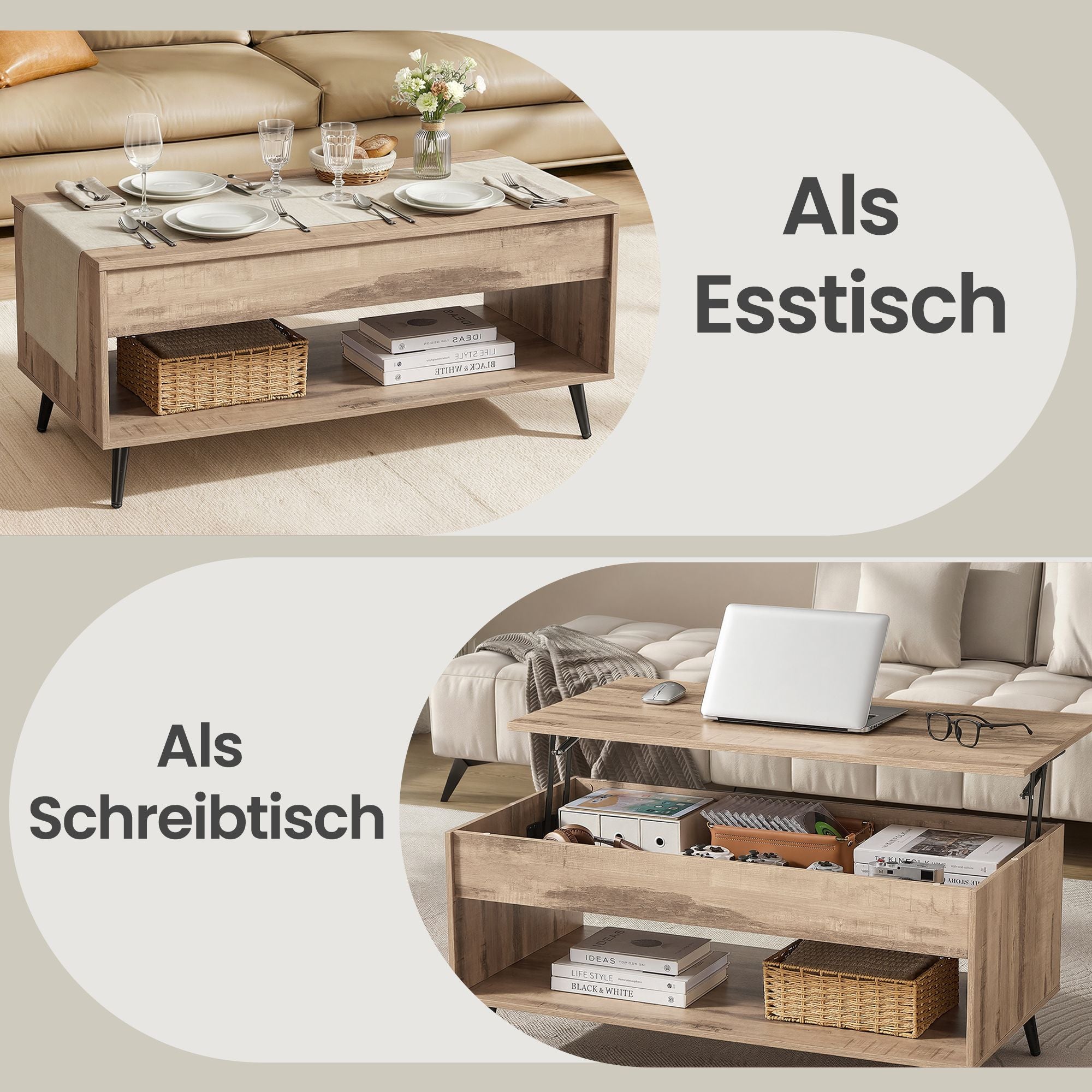 Wohnzimmertisch, höhenverstellbarer Couchtisch, verstecktes Fach