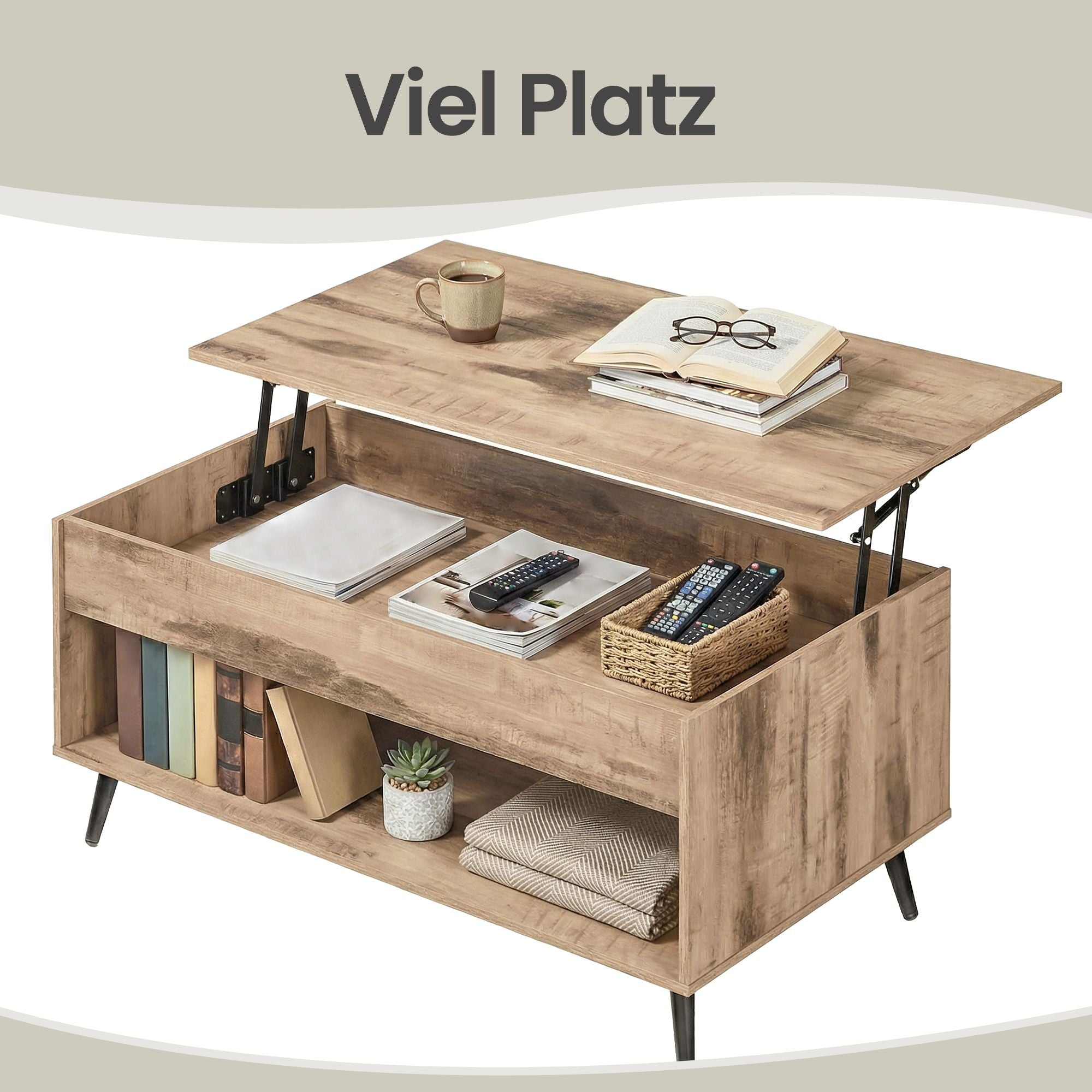 Wohnzimmertisch, höhenverstellbarer Couchtisch, verstecktes Fach
