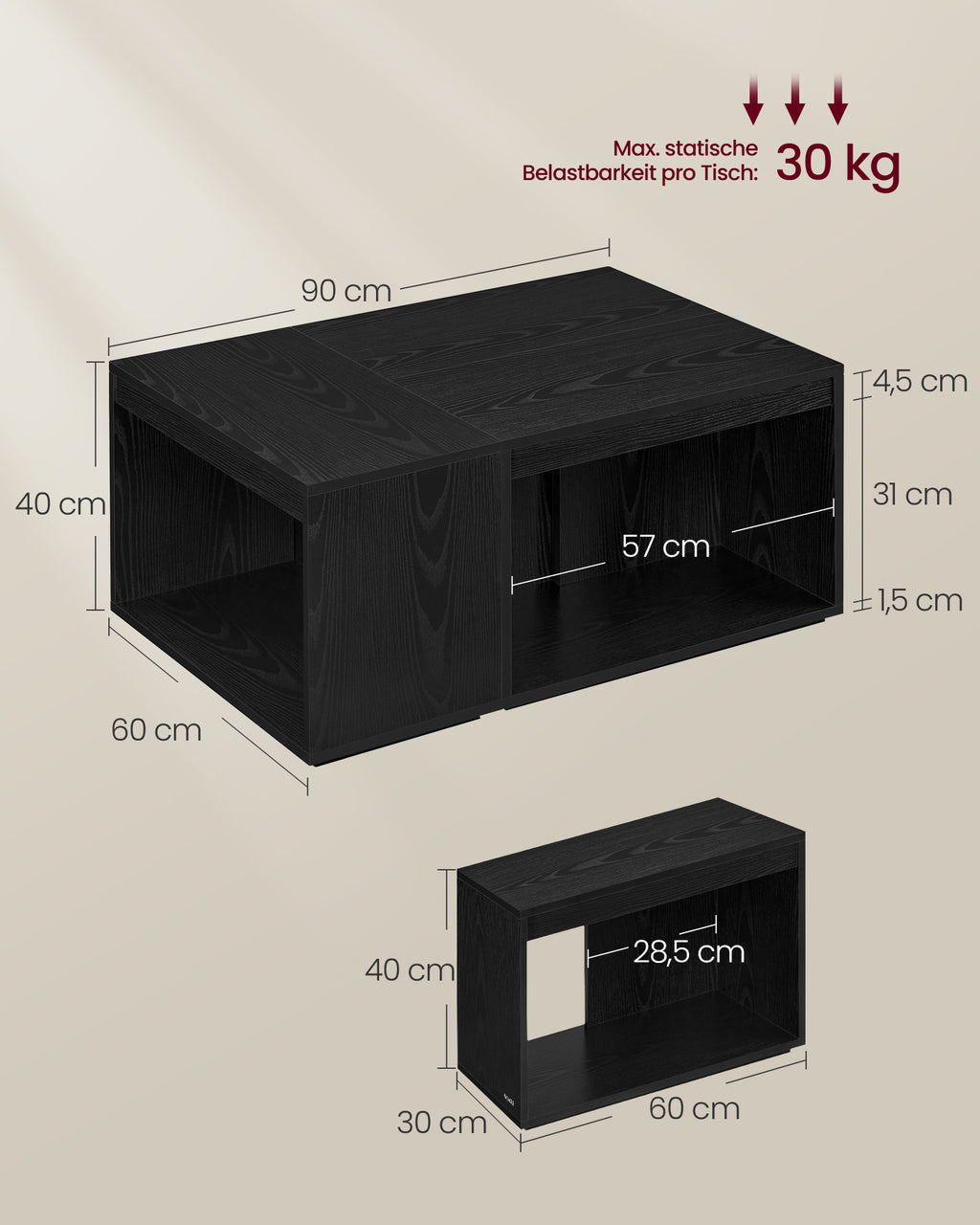 Couchtisch 3er Set mit Stauraum ebenholzschwarz