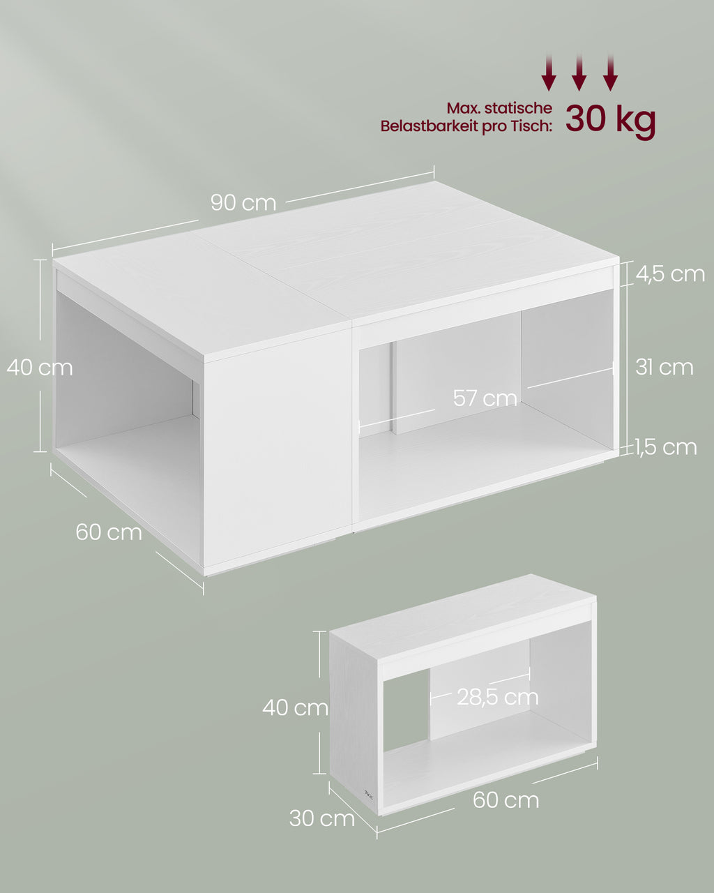 Couchtisch 3er Set mit Stauraum schneeweiß