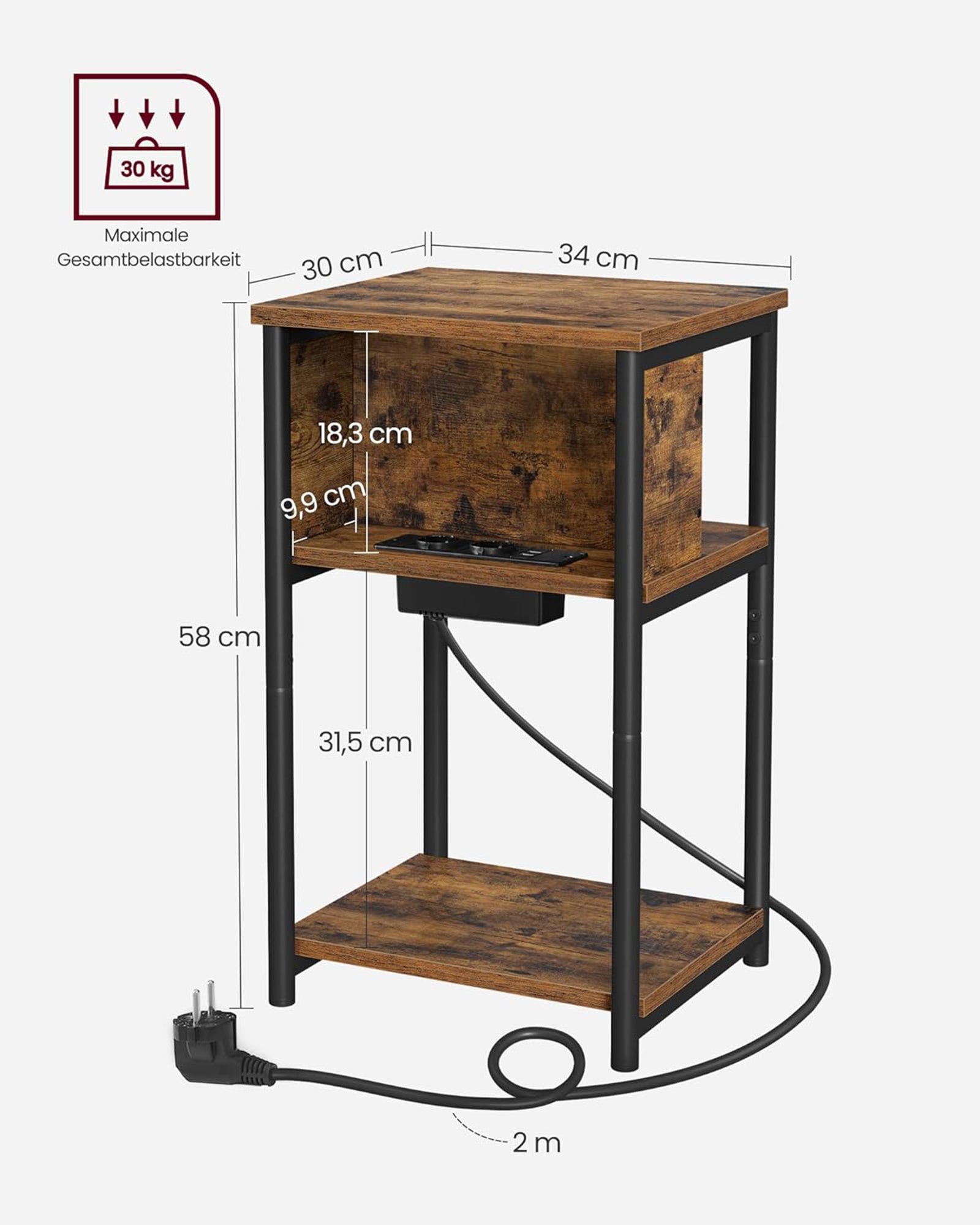 Nachttisch mit Steckdosen schmal vintagebraun-schwarz
