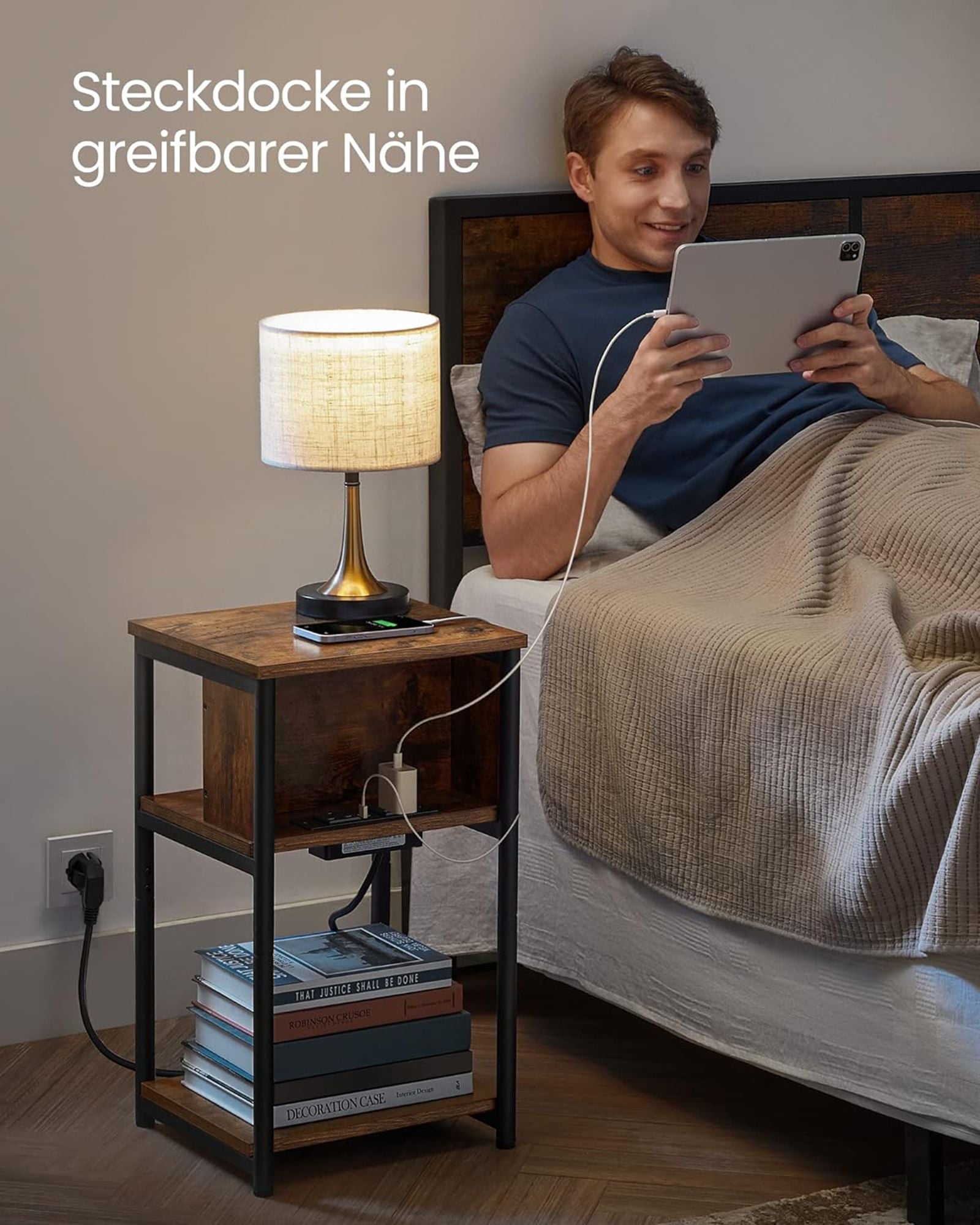 Nachttisch mit Steckdosen schmal vintagebraun-schwarz