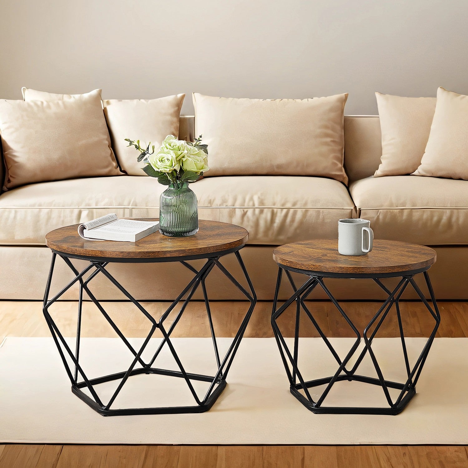 Couchtisch 2er Set, Wohnzimmertisch rund, Beistelltisch modern