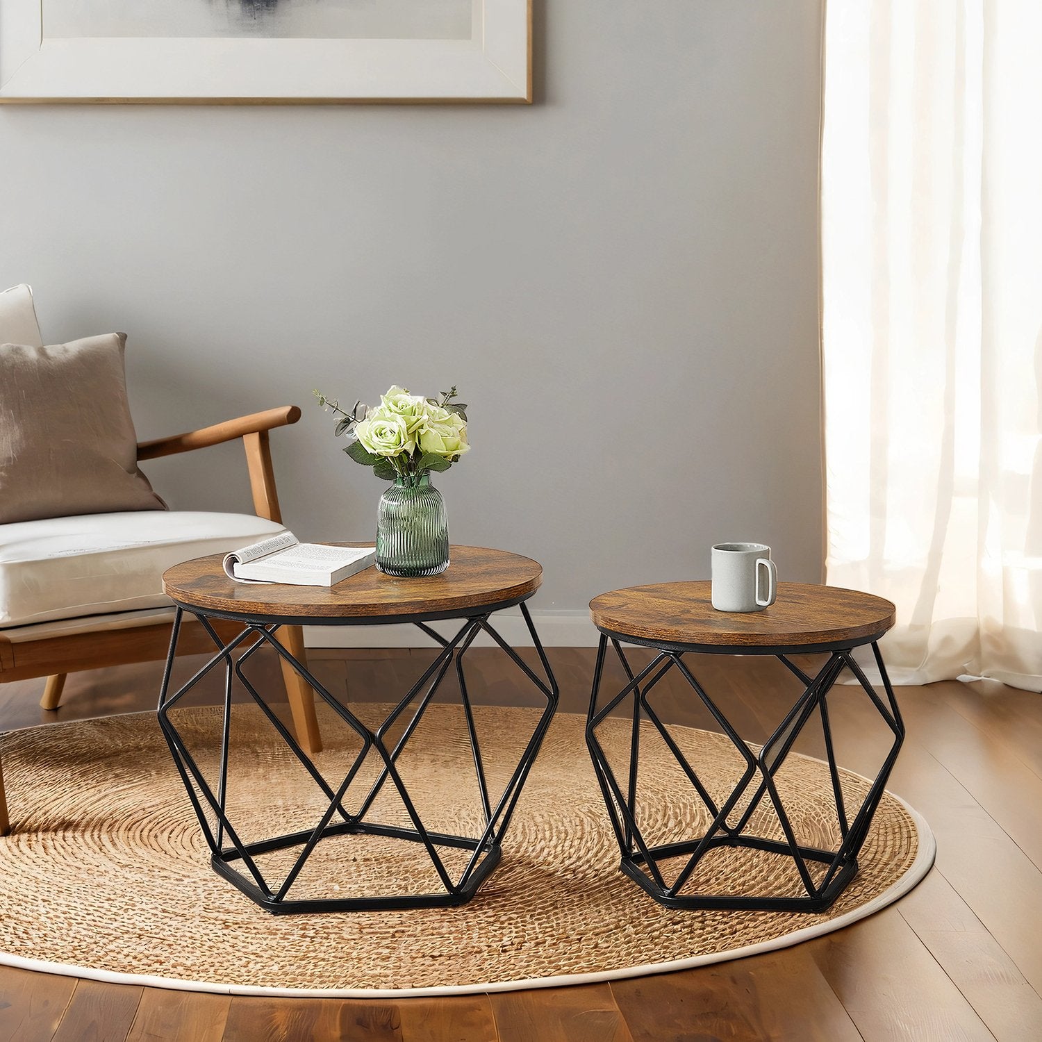 Couchtisch 2er Set, Wohnzimmertisch rund, Beistelltisch modern