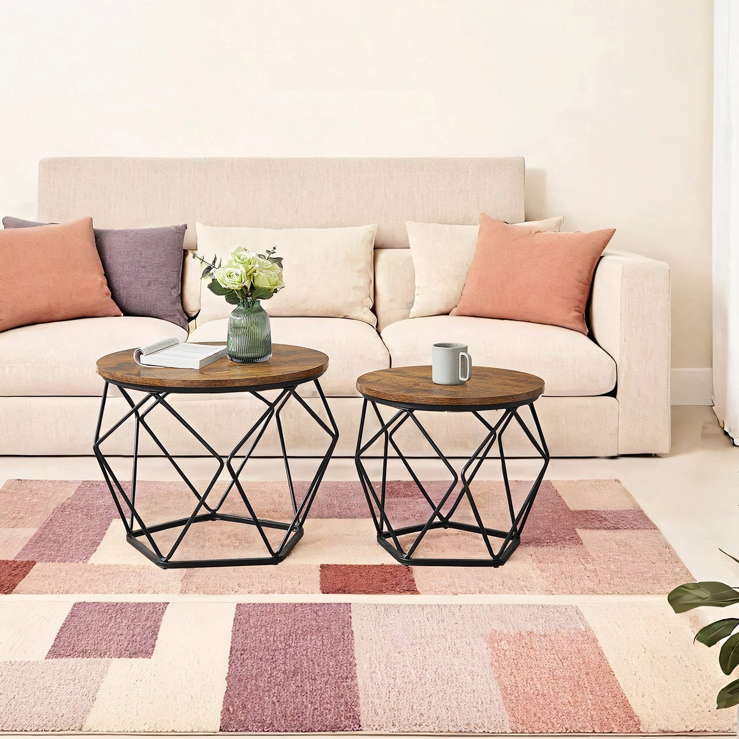 Couchtisch 2er Set, Wohnzimmertisch rund, Beistelltisch modern