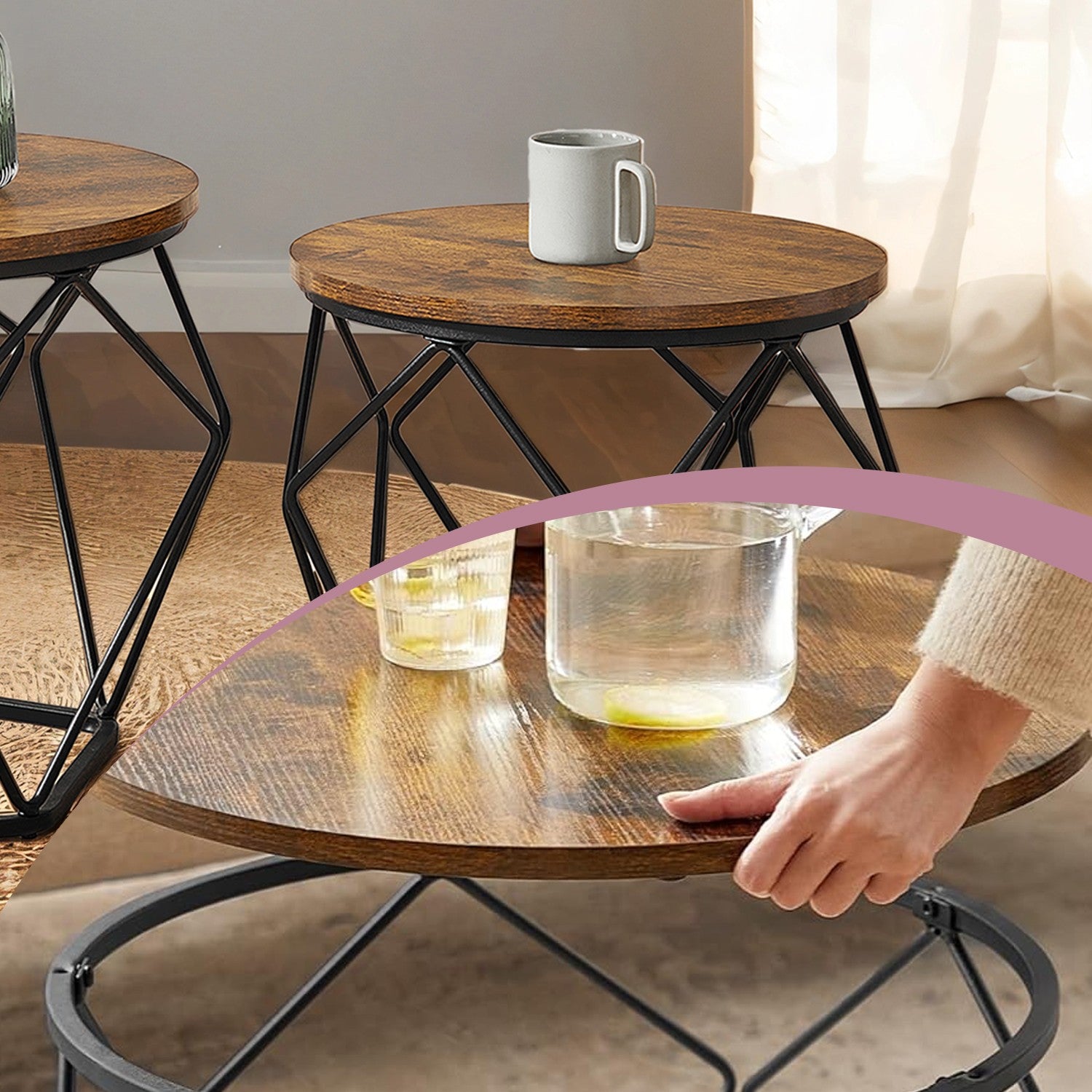 Couchtisch 2er Set, Wohnzimmertisch rund, Beistelltisch modern