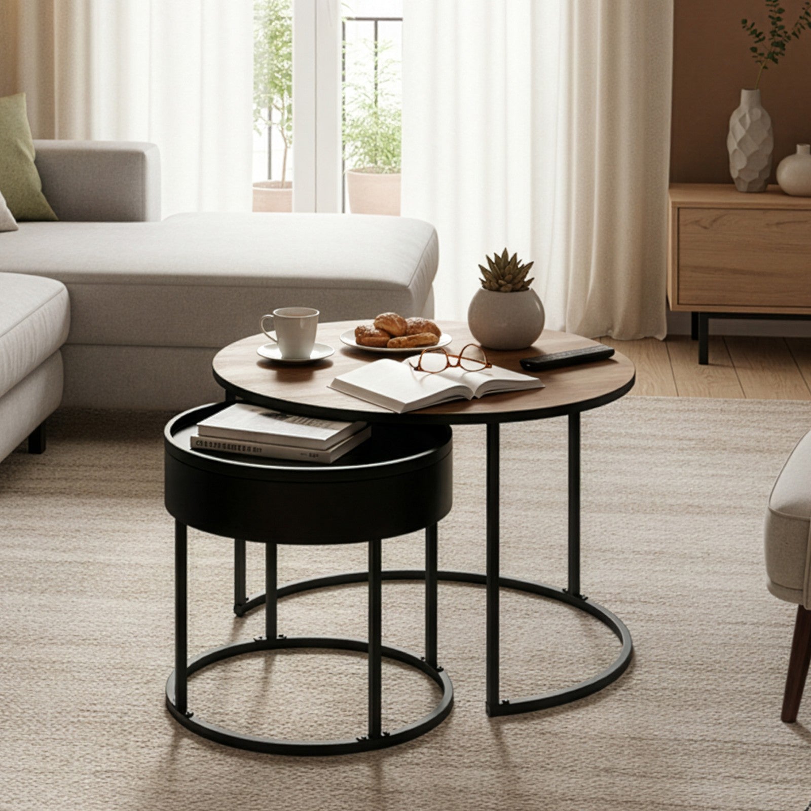 Couchtisch 2er Set, Beistelltisch rund, modern