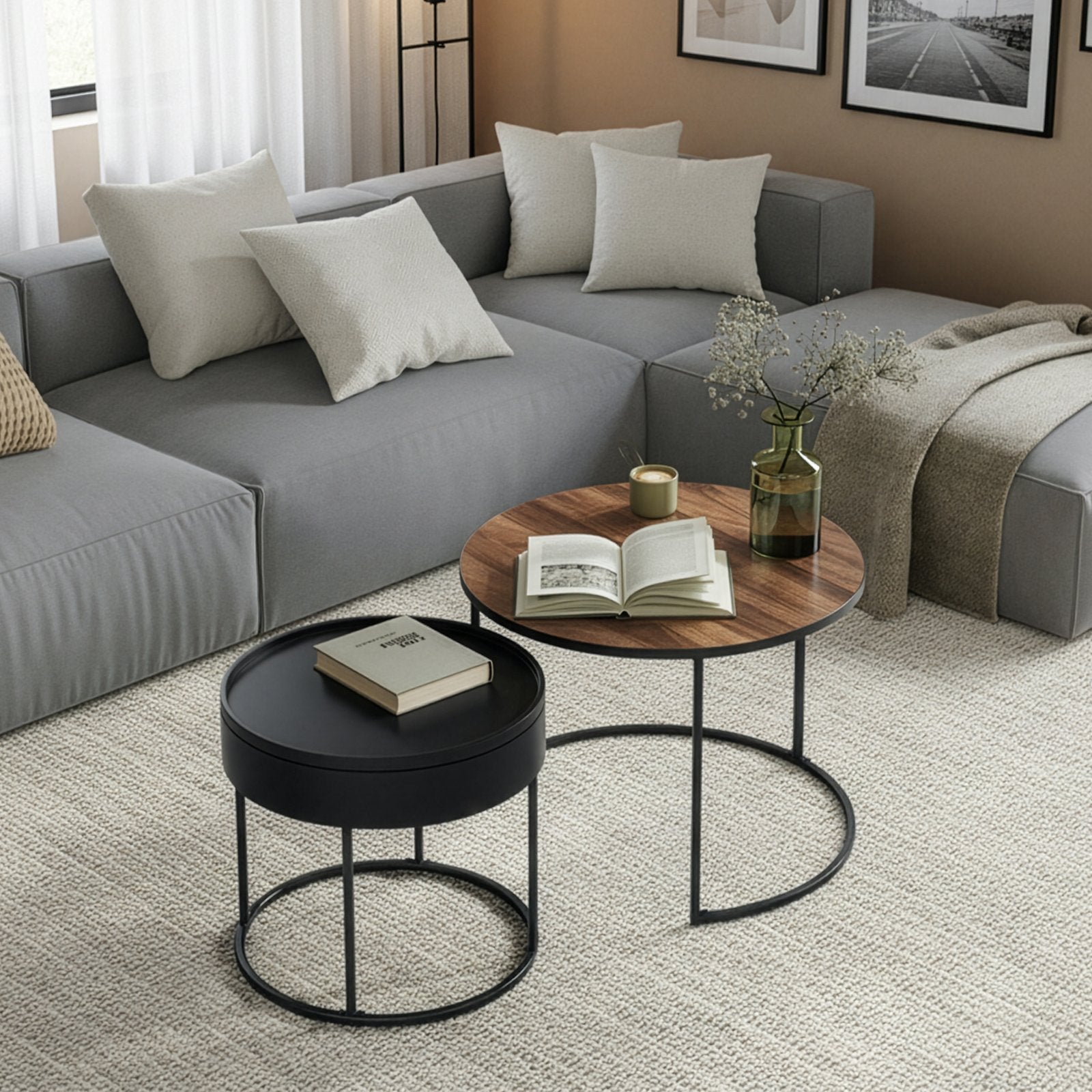Couchtisch 2er Set, Beistelltisch rund, modern