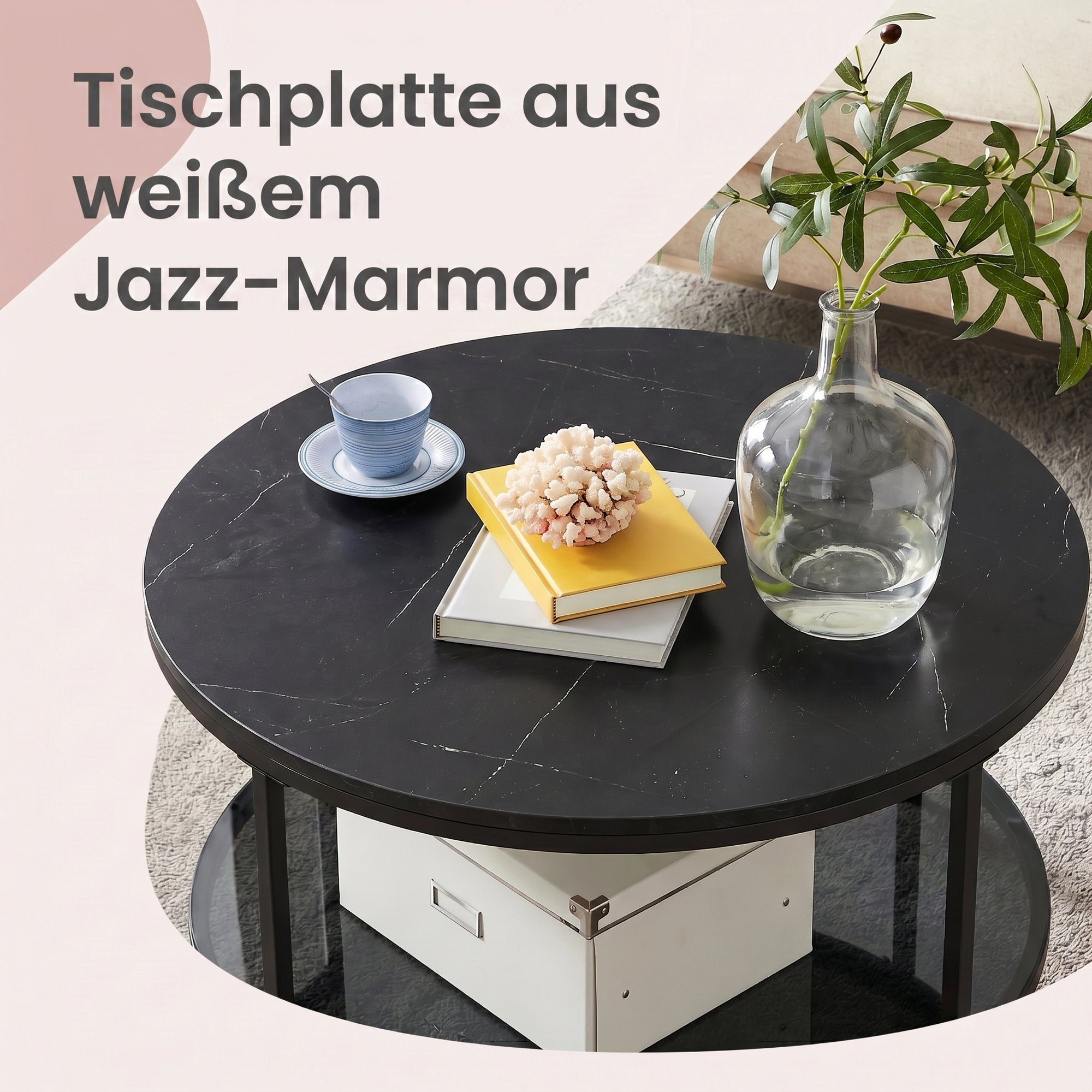 Wohnzimmertisch mit Glasplatte moderner Stil marmorschwarz-tintenschwarz