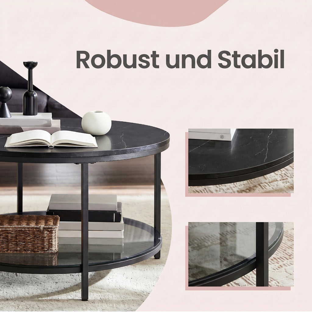 Wohnzimmertisch mit Glasplatte moderner Stil marmorschwarz-tintenschwarz