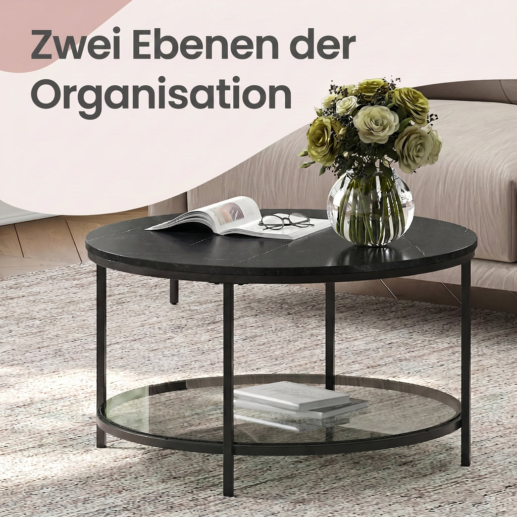 Wohnzimmertisch mit Glasplatte moderner Stil marmorschwarz-tintenschwarz