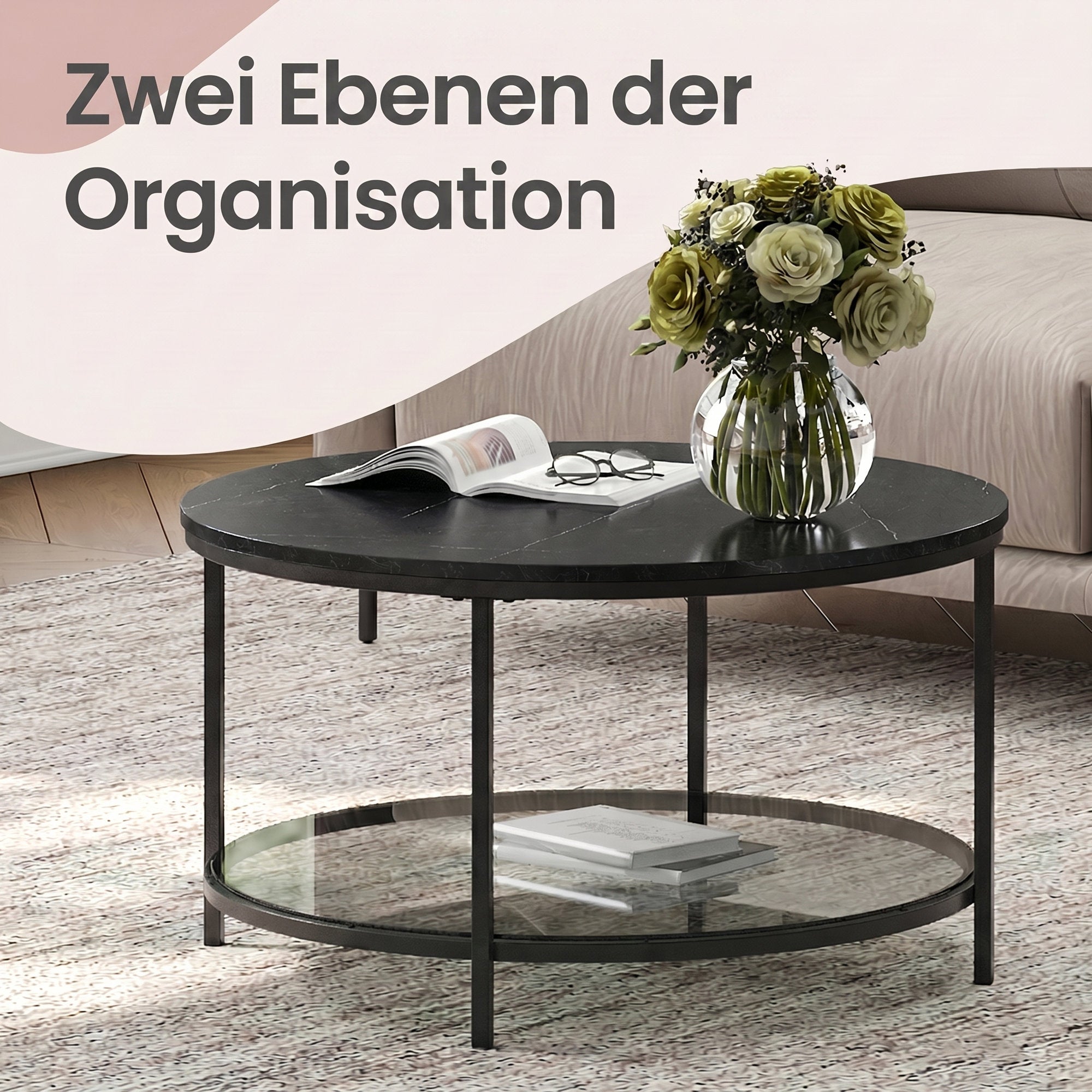 Wohnzimmertisch mit Glasplatte moderner Stil marmorschwarz-tintenschwarz
